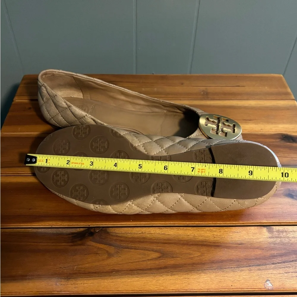 Tory Burch Quilted Taupe Leather Flats with Gold Logo Medallions